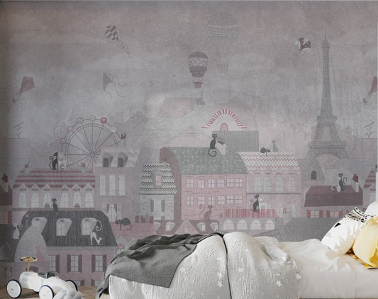 Soft pink Paris cityscape wall mural with black cats for kids bedroom styling.