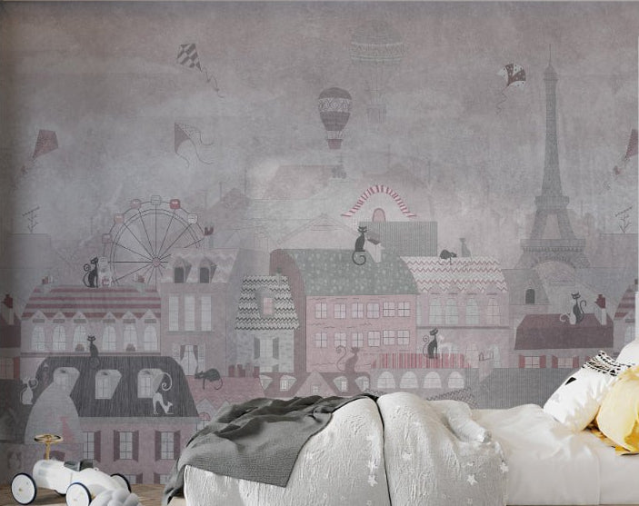 Soft pink Paris cityscape wall mural with black cats for kids bedroom styling.