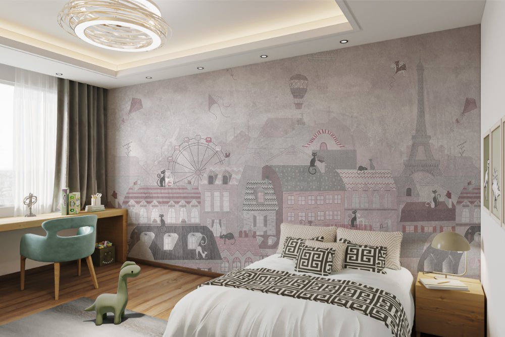 Muted pink hot air balloon wall mural designed for children's bedroom.