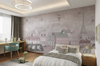 Muted pink hot air balloon wall mural designed for children's bedroom.