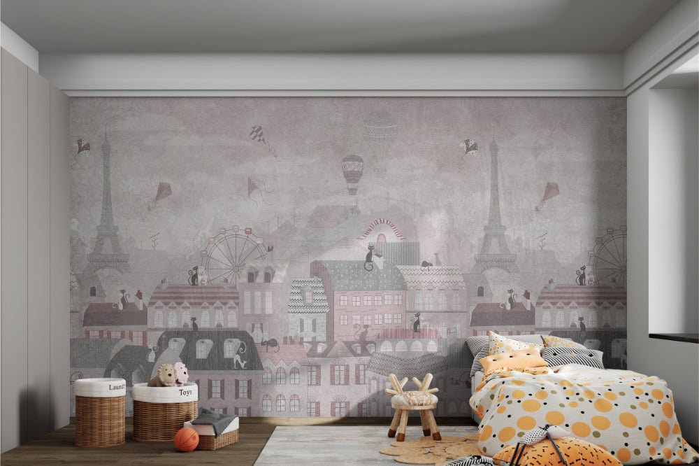 Eiffel Tower and Cats Wall Mural showing ferris wheels for bedroom.