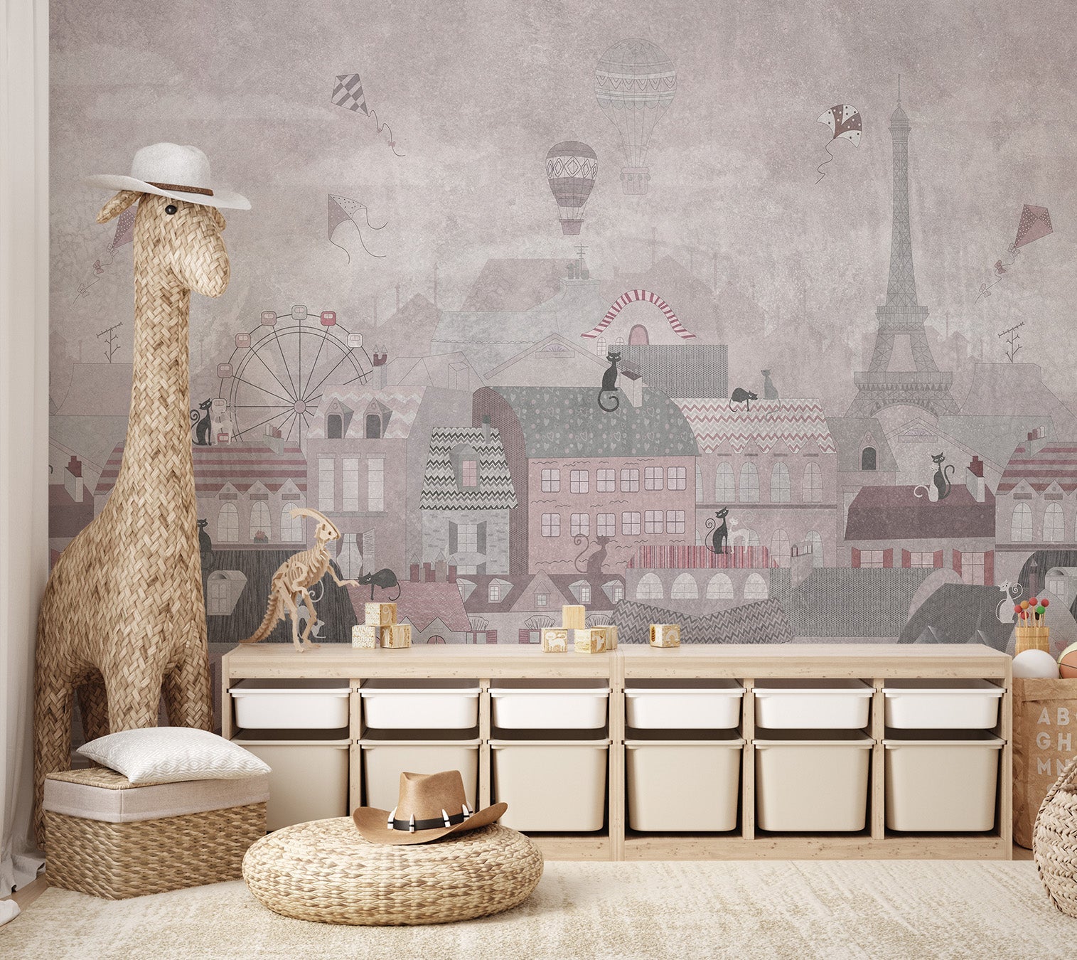Grey and pink city skyline wall mural with cat silhouettes for nursery.