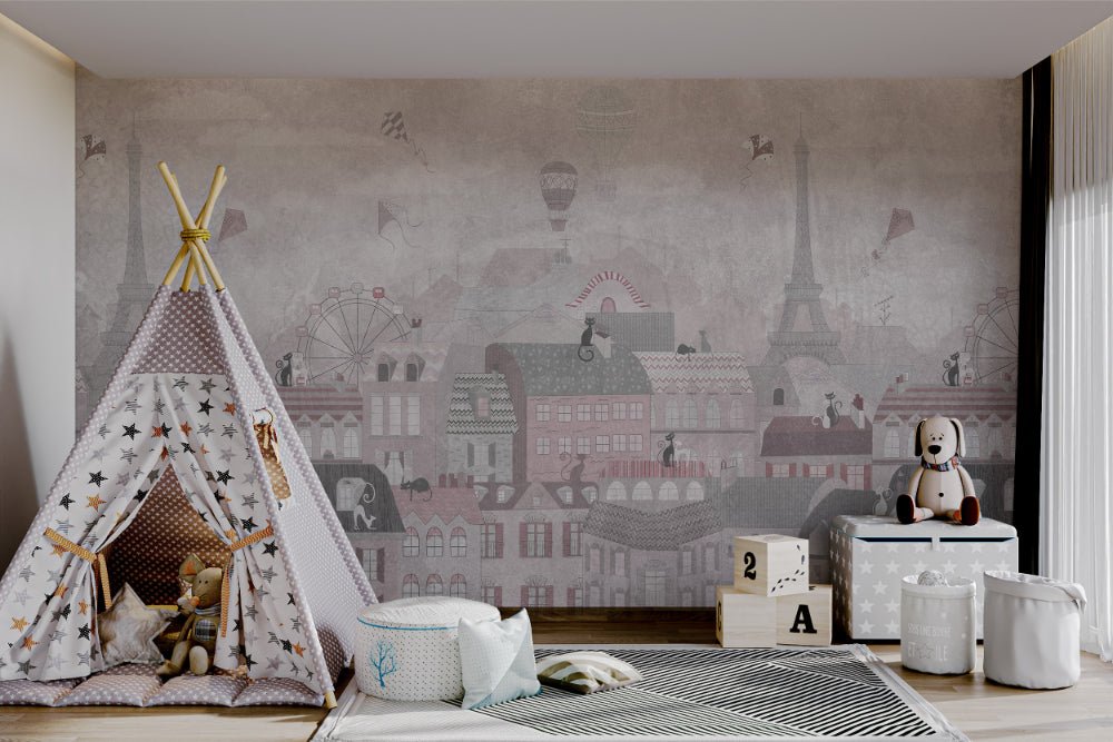 Vintage style Parisian rooftops wall mural in pastel colors for playroom.