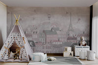 Vintage style Parisian rooftops wall mural in pastel colors for playroom.