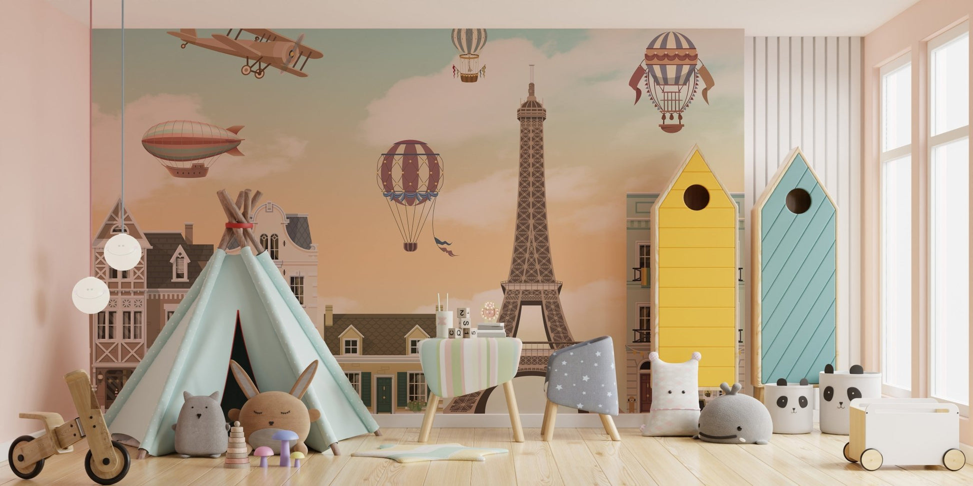 Parisian city wall mural for open playroom as backdrop. 