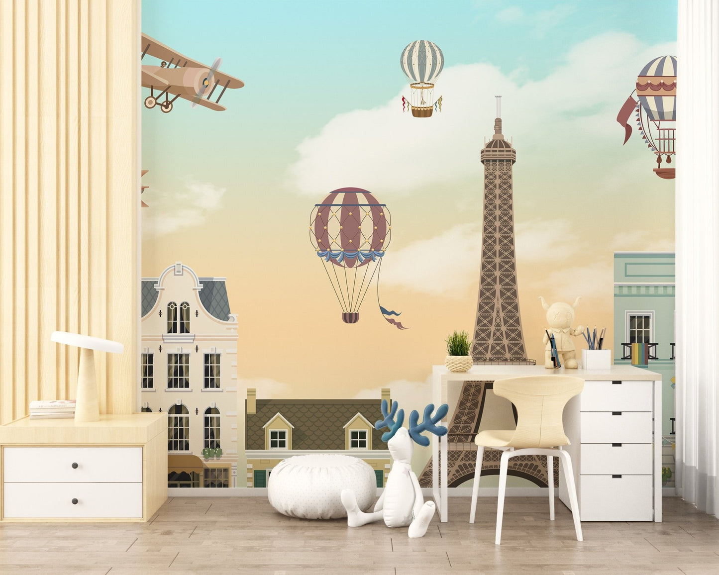 Study area featuring city architecture and Eiffel Tower wall mural.