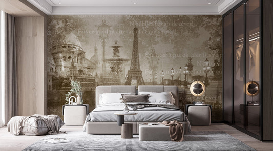 Eiffel tower montage mural wallpaper sepia cityscape wall mural.