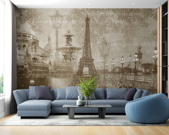 Retro European landmark wallpaper artistic montage wall mural.