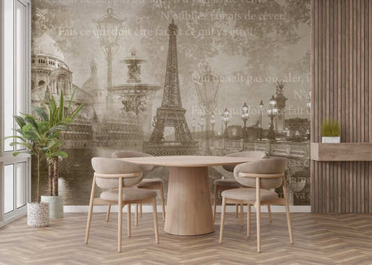 Vintage Paris skyline wallpaper with eiffel tower wall mural.