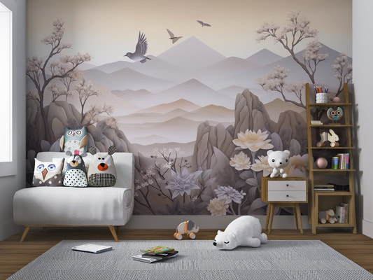Elegant 3D floral landscape wallpaper with white peonies and neutral mountains.