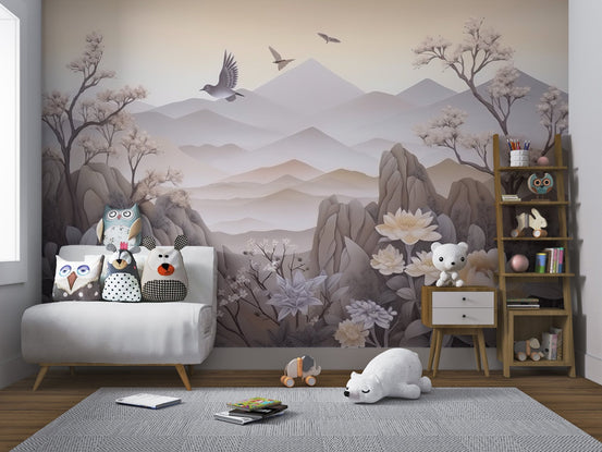 Elegant 3D floral landscape wallpaper with white peonies and neutral mountains.