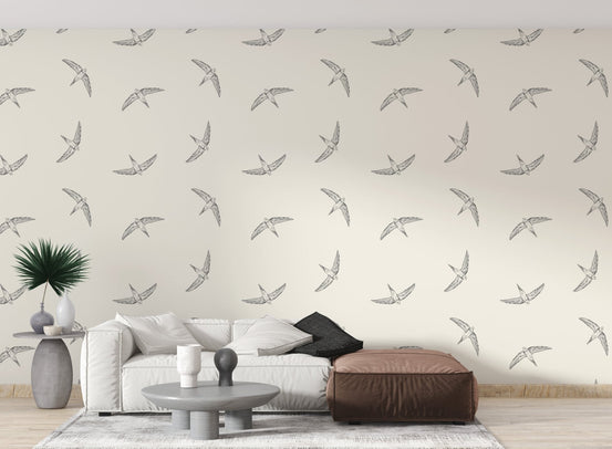Minimal flying bird pattern wallpaper in soft beige color palette for living room.