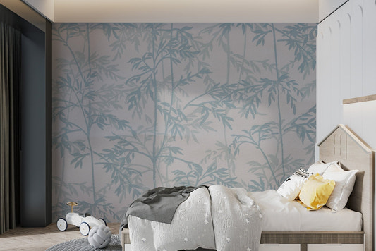 Elegant blue vine wallpaper with soft turquoise leaf patterns.