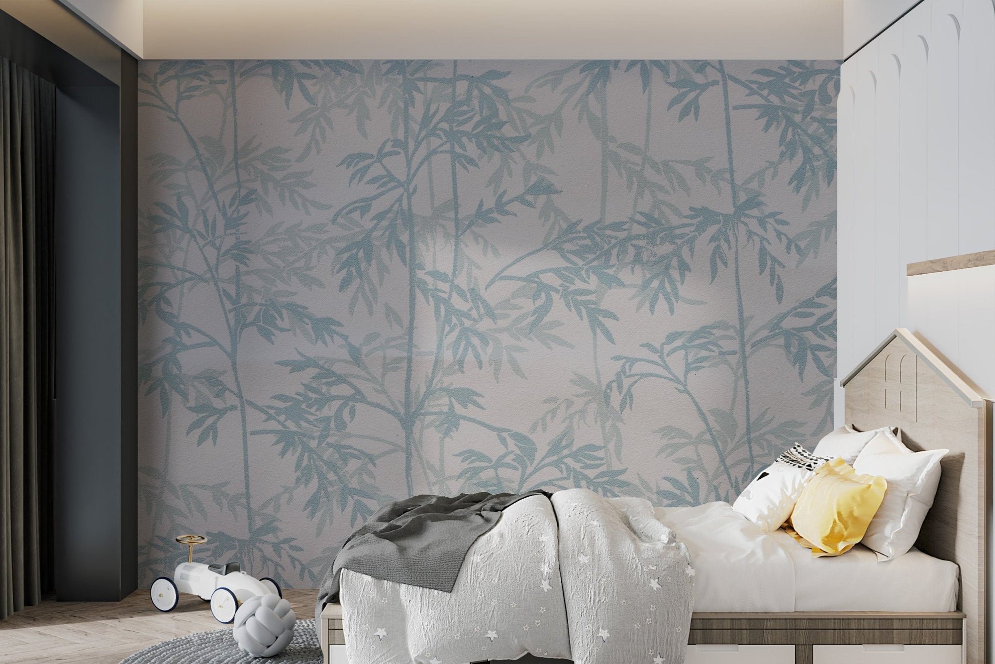 Elegant blue vine wallpaper with soft turquoise leaf patterns.