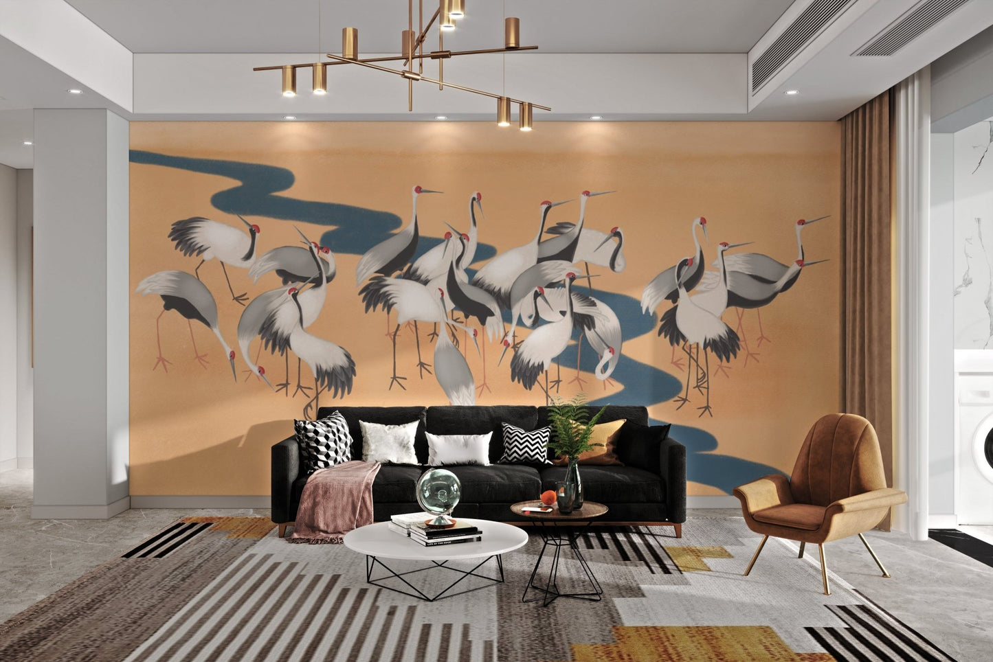 Stunning crane dance design for tranquil living space interiors.