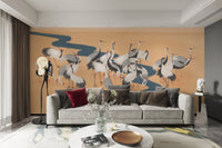 Sophisticated crane dance mural for serene living room interiors.