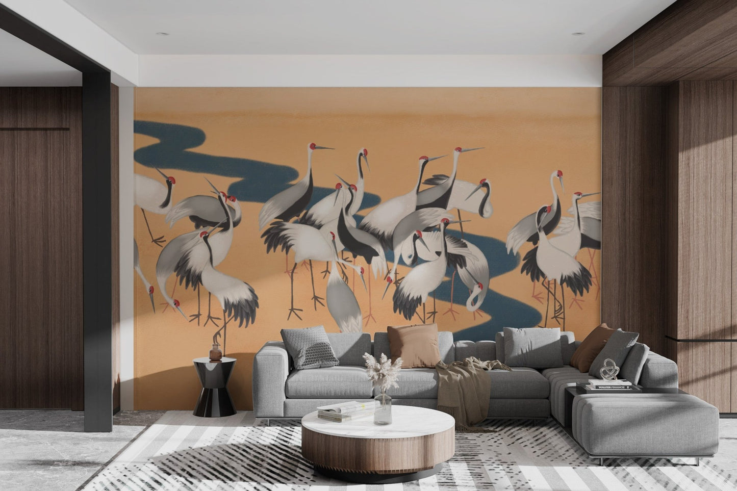 Artistic crane dance mural for refined living area wall decor.