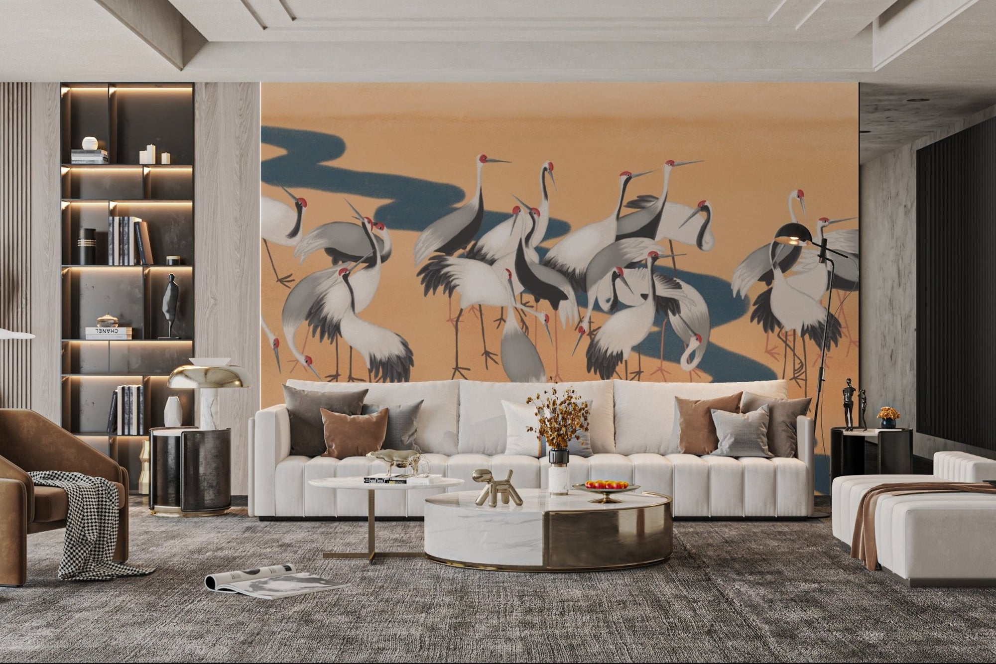 Graceful wall mural featuring elegant dancing cranes for living room.