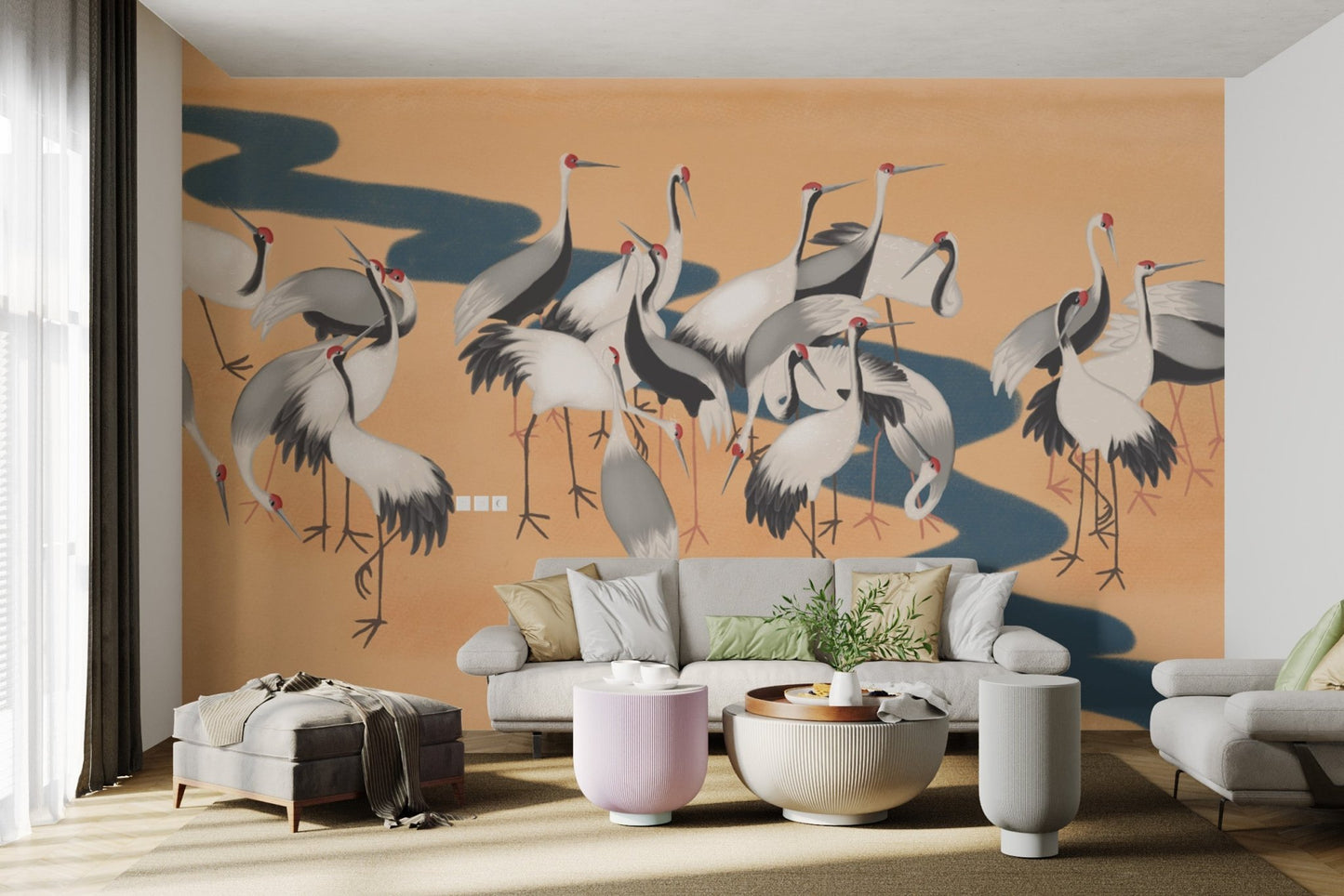 Majestic cranes mural adding grace to your living space walls.