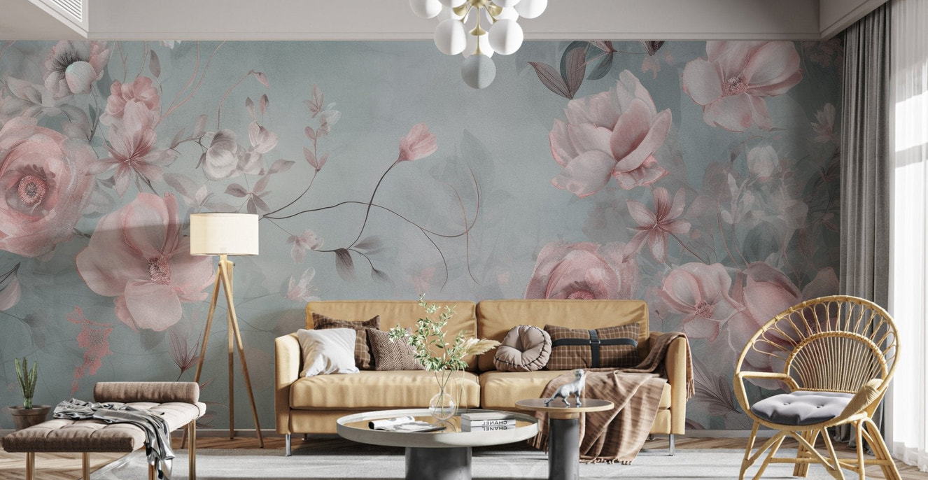 Elegant flora wallpaper mural with muted watercolor floral illustrations.
