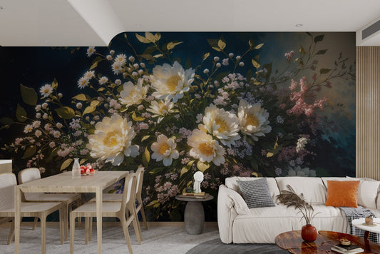 Elegant floral oil painting wallpaper featuring white blossoms and golden light.