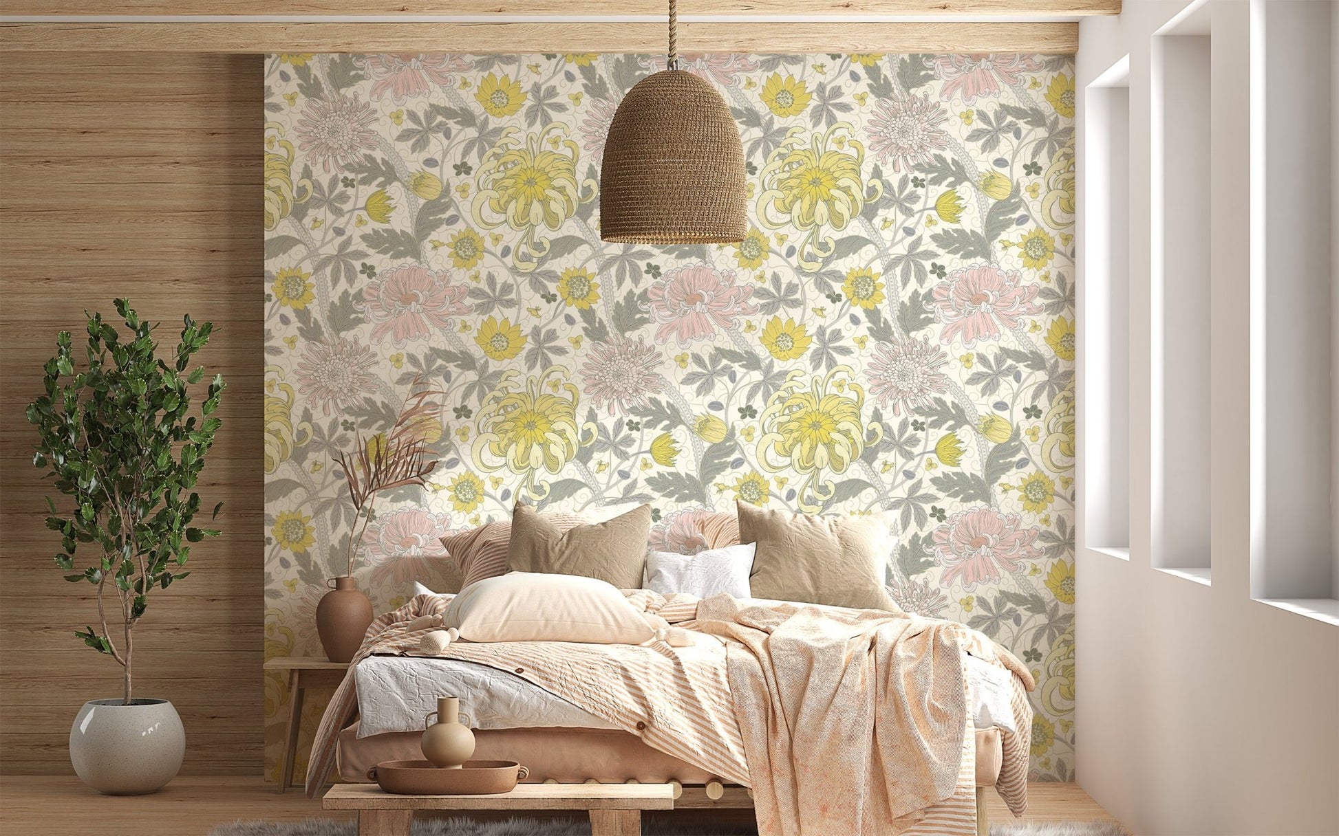 Soft vintage style floral wallpaper in warm neutral color palette.
