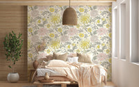 Soft vintage style floral wallpaper in warm neutral color palette.