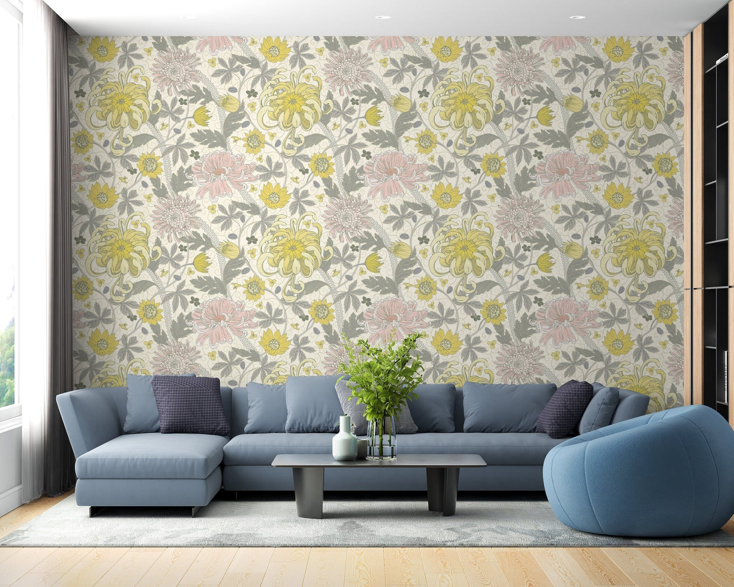 Detailed botanical wall mural with repeating floral design wallpaper.