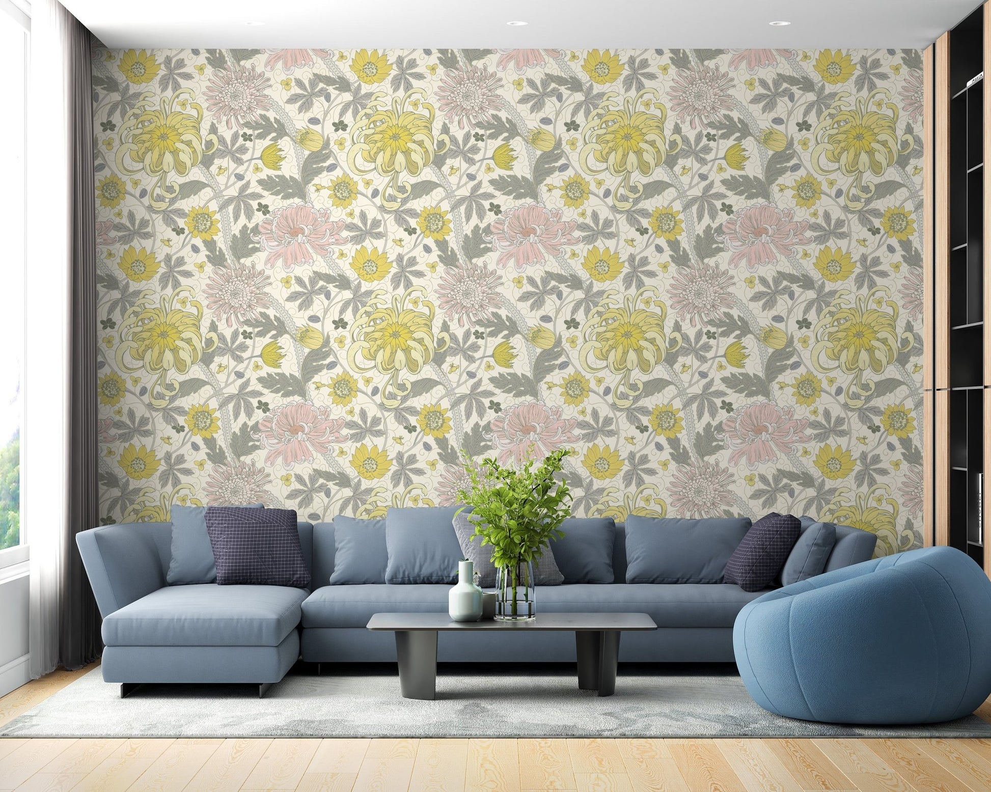 Detailed botanical wall mural with repeating floral design wallpaper.
