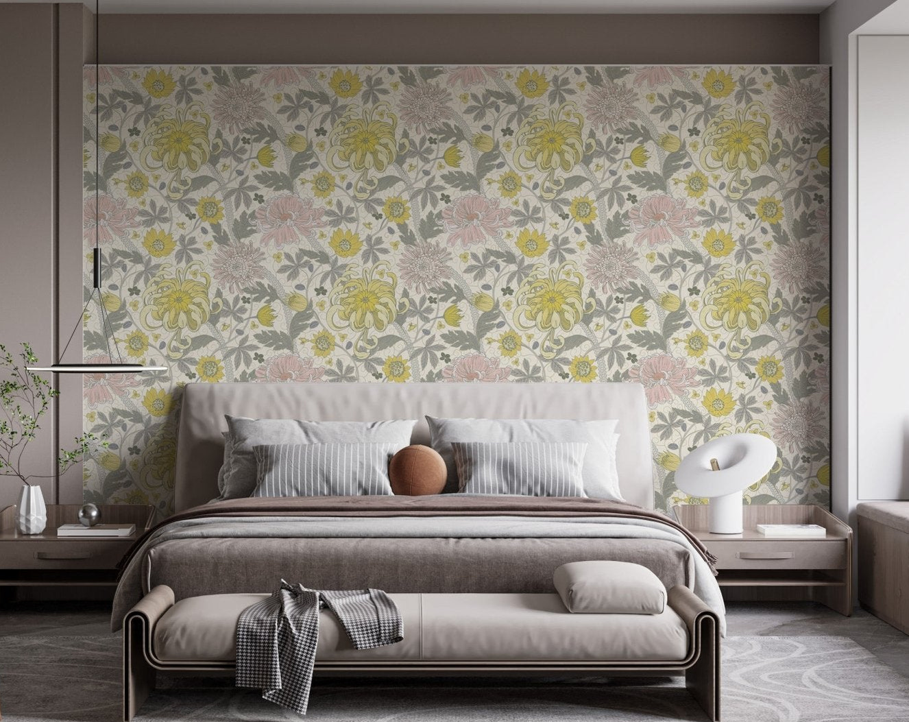 Elegant floral wallpaper mural with yellow and blush botanical wallpaper.