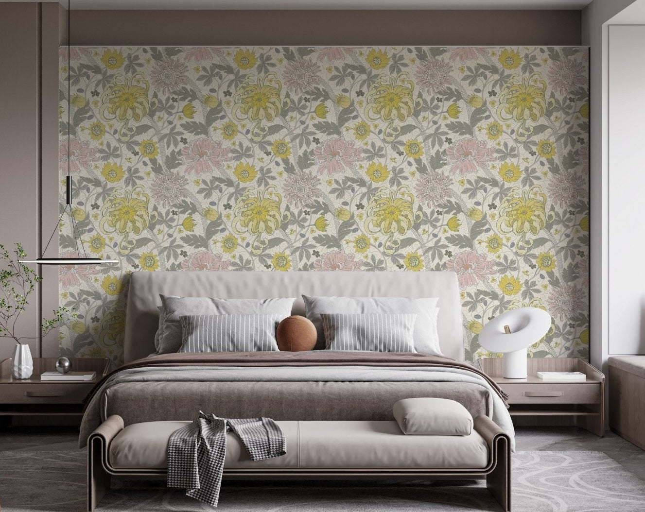 Elegant floral wallpaper mural with yellow and blush botanical wallpaper.