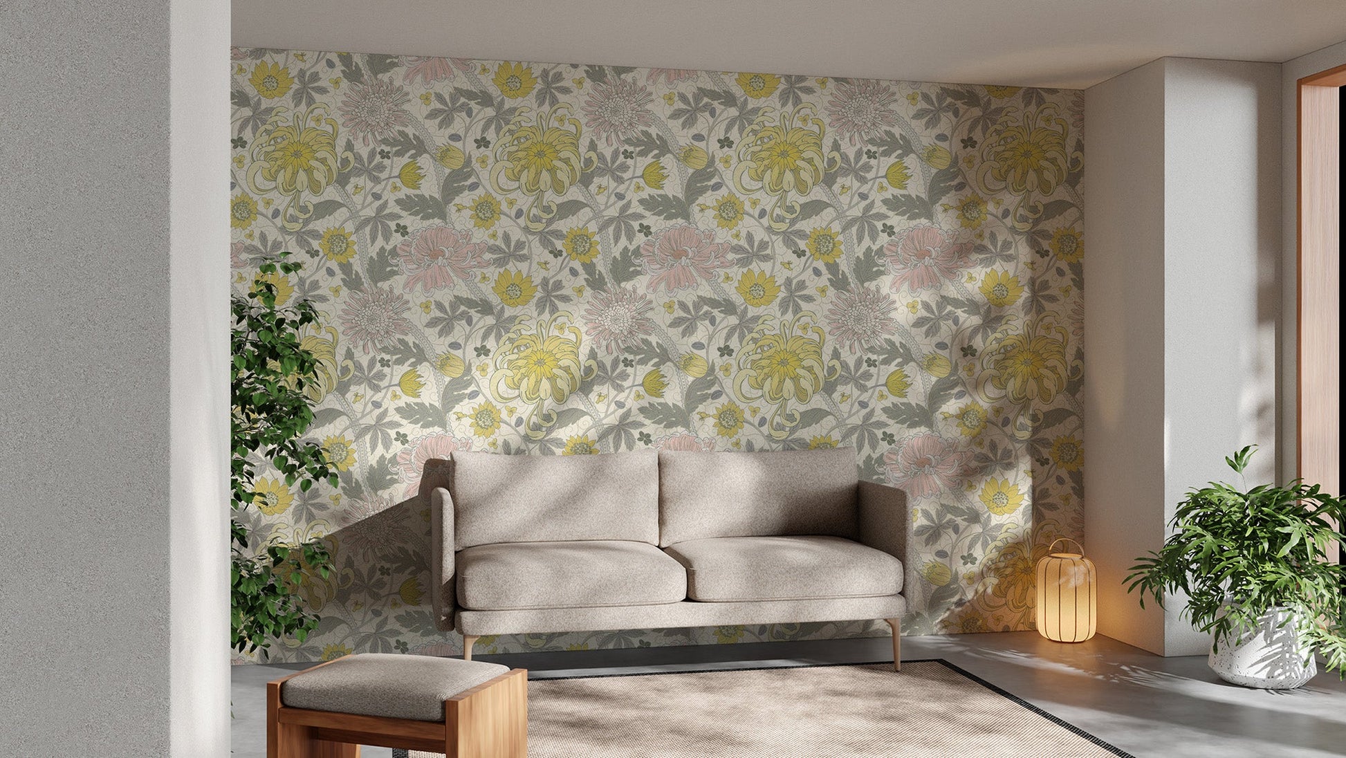 Classic botanical wallpaper with layered flower and leaf pattern.