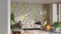 Classic botanical wallpaper with layered flower and leaf pattern.