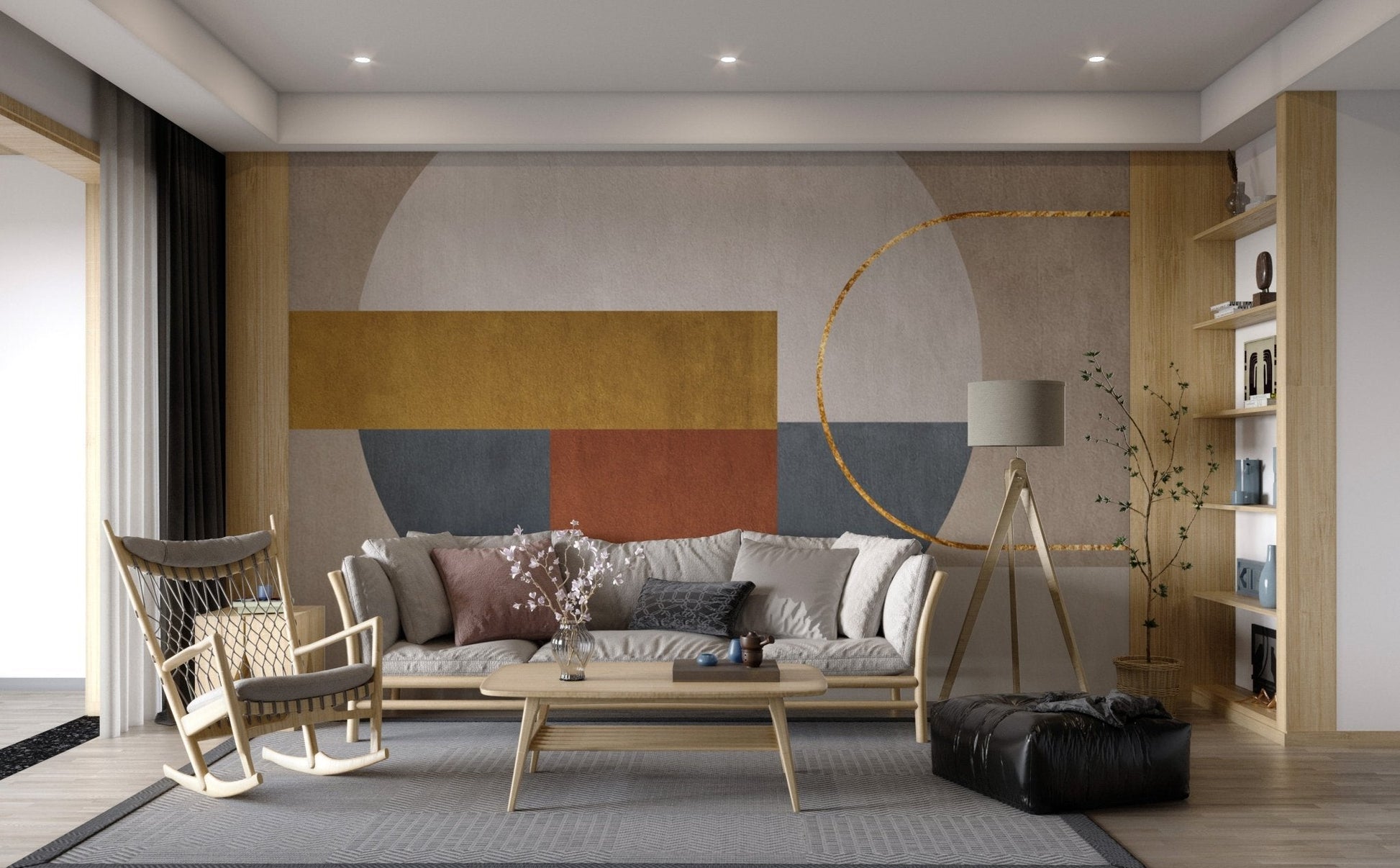 Gold-accented wall mural for sophisticated living room interiors.