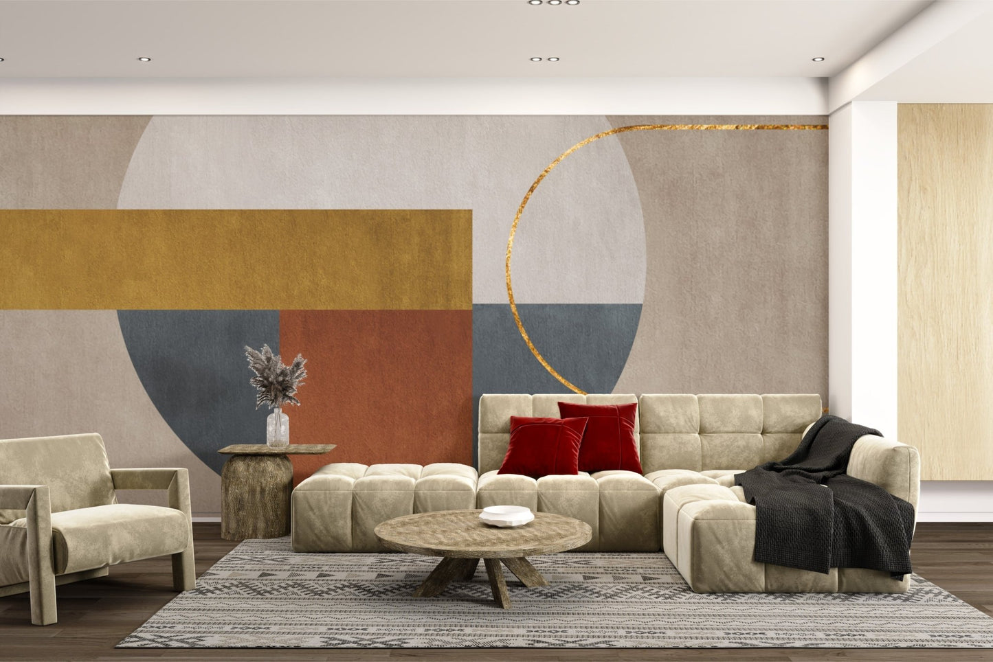 Artistic wall mural with refined gold accent elements for hallway.