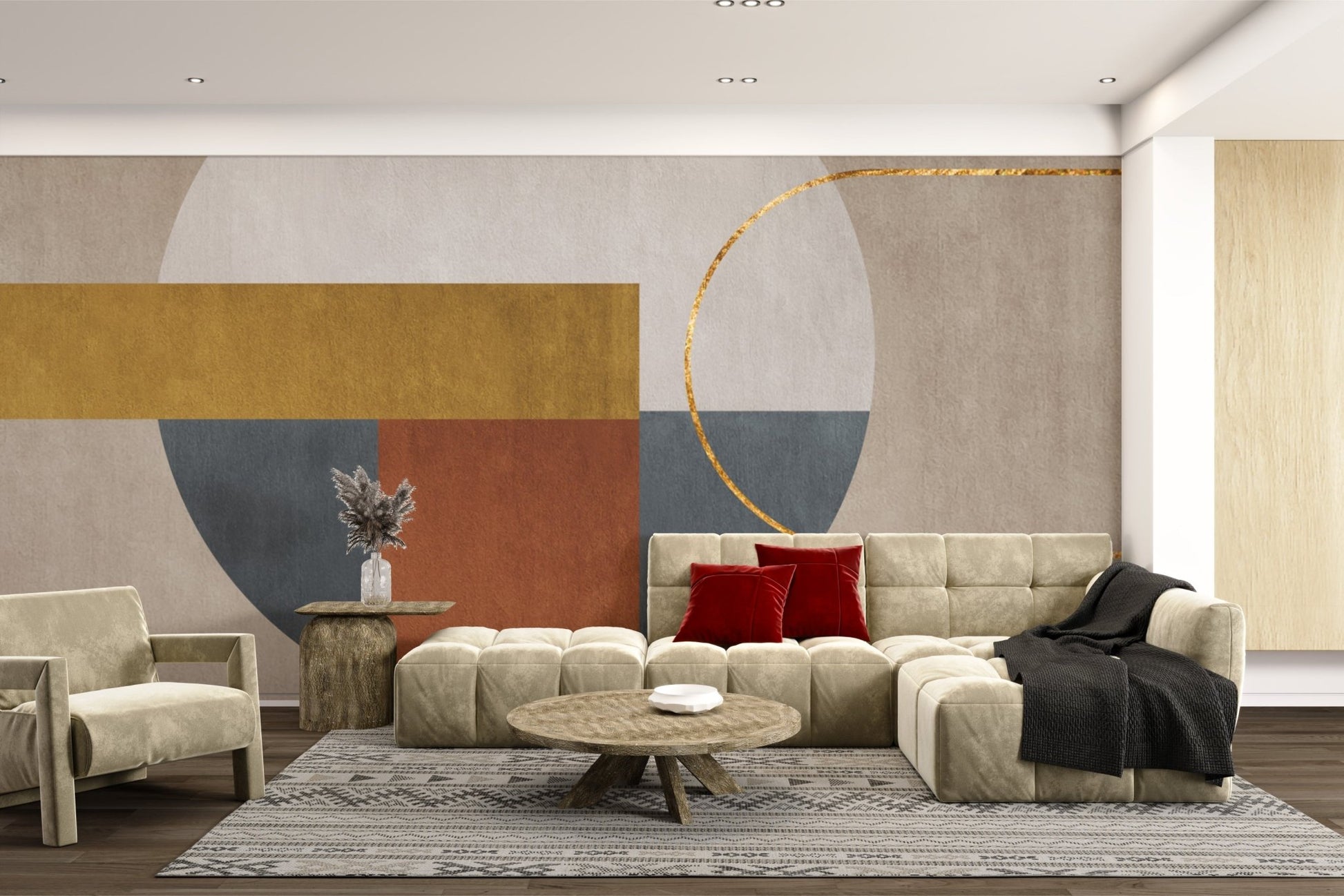 Artistic wall mural with refined gold accent elements for hallway.