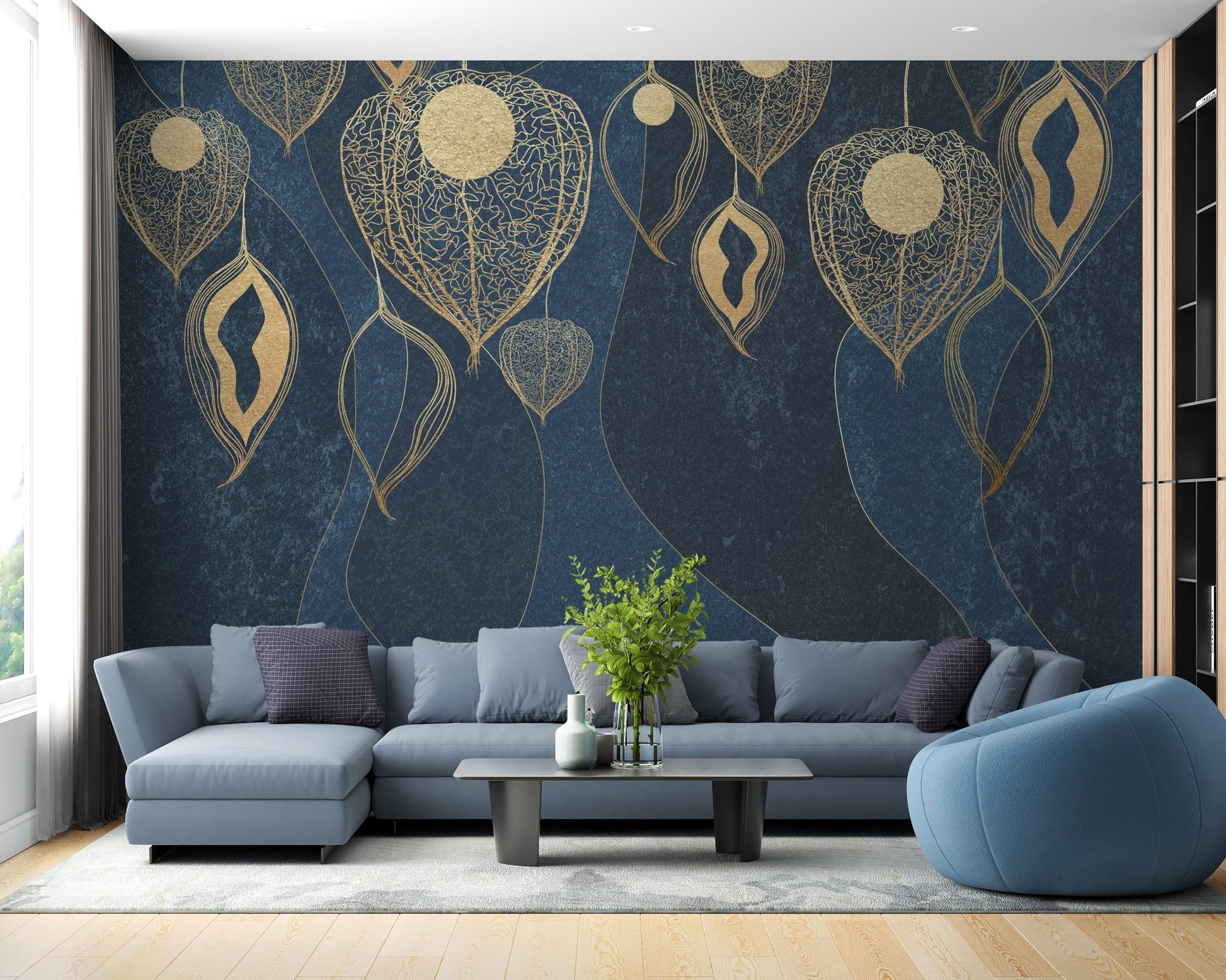 Minimalist seating area showcasing a dark elegant floral wallpaper mural design.