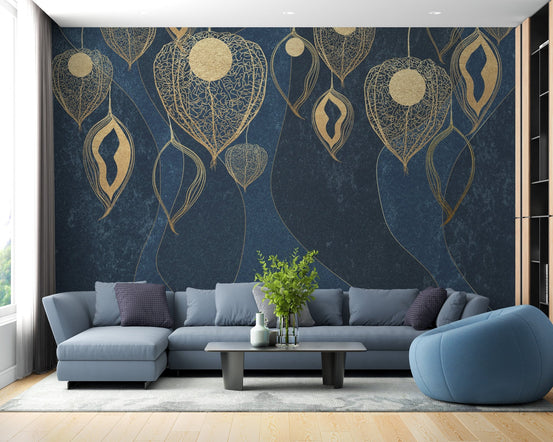 Minimalist seating area showcasing a dark elegant floral wallpaper mural design.