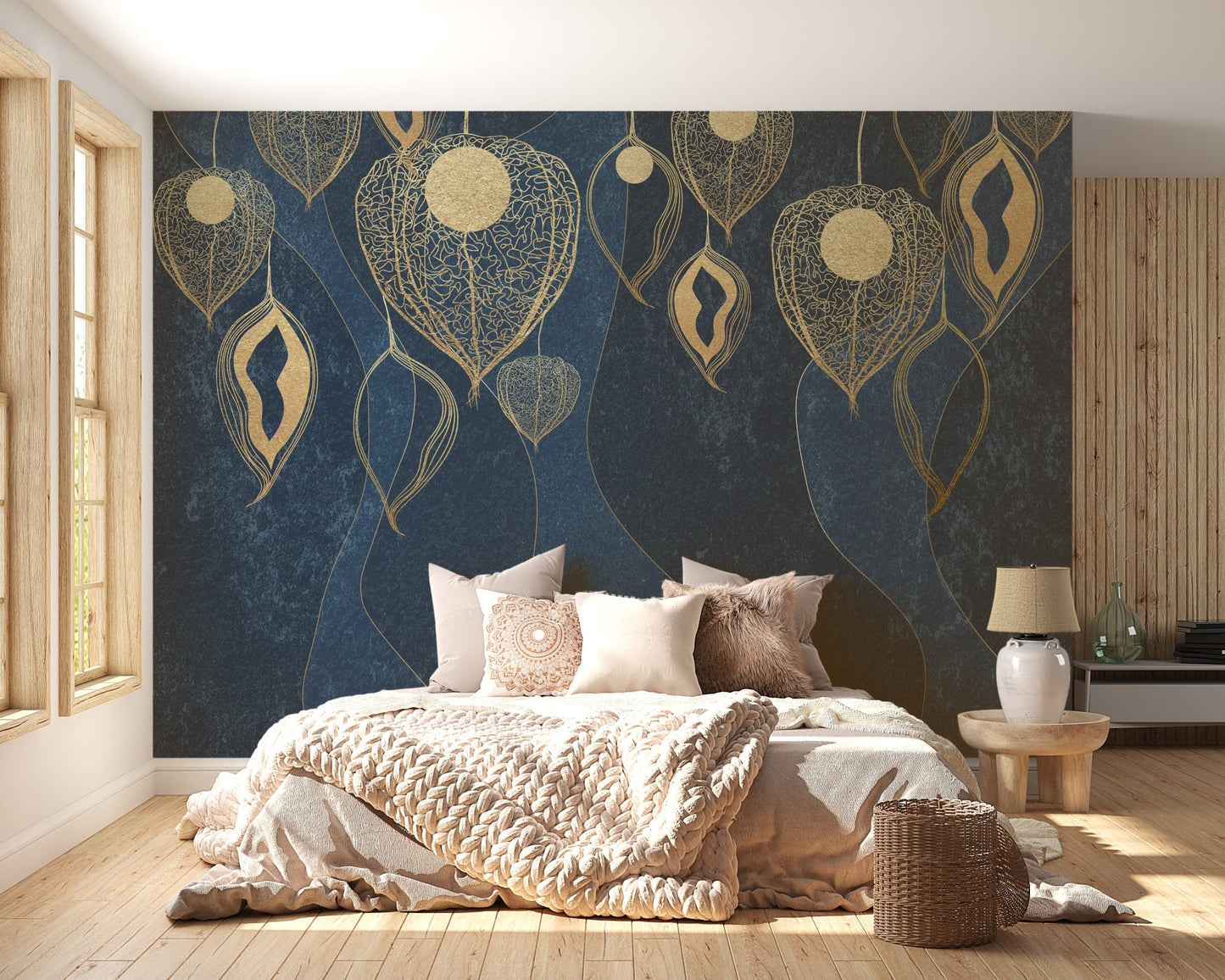 Cozy bedroom setting with Elegant Golden Leaves wall mural behind a bed.