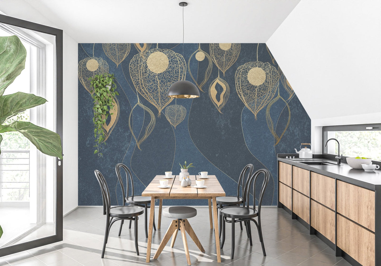 Navy patterned leaves wallpaper mural in a kitchen and dining area with natural light.