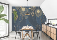 Navy patterned leaves wallpaper mural in a kitchen and dining area with natural light.