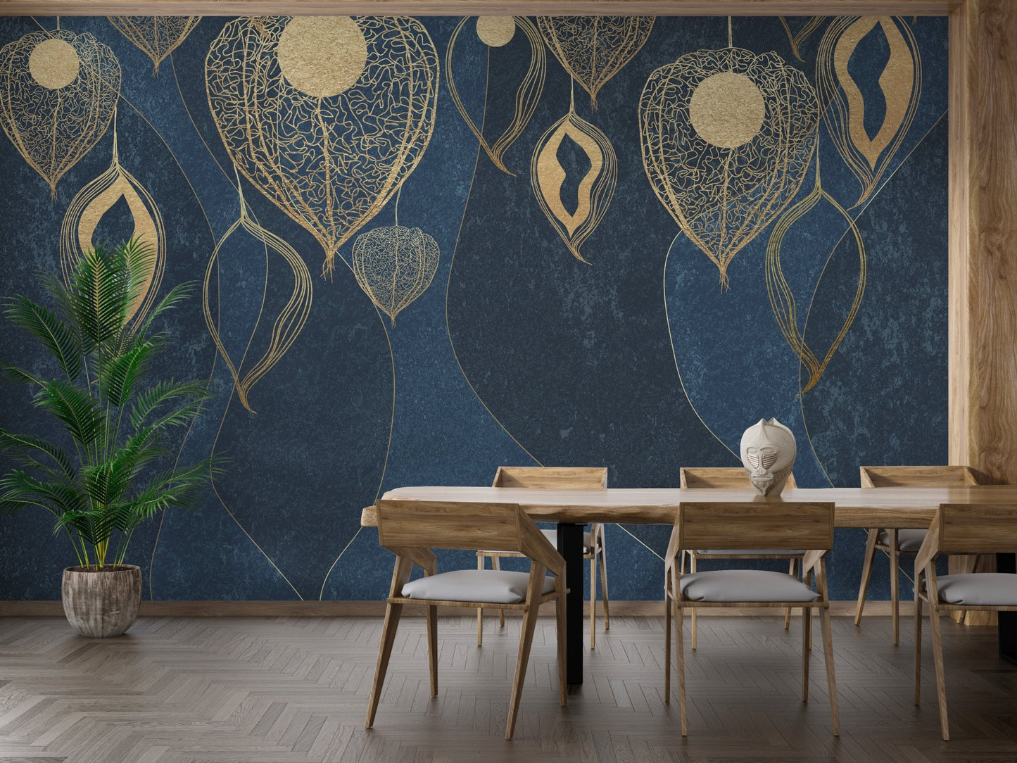 Sophisticated golden leaves wallpaper mural for a dining room with light wood furniture.
