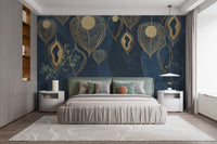 Blue and golden leaves wallpaper mural backdrop for a contemporary bedroom with neutral linens.