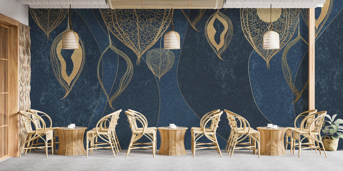 Elegant Golden Leaves wall mural in a modern cafe with wooden seating.