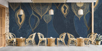Elegant Golden Leaves wall mural in a modern cafe with wooden seating.