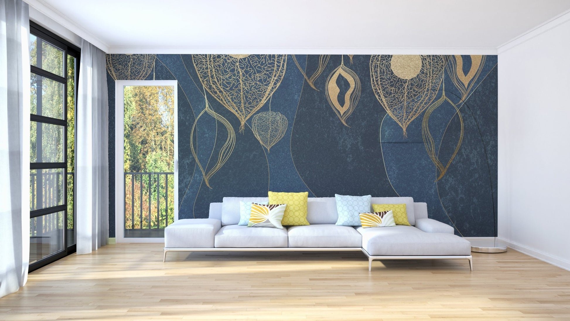 Stylish living room wallpaper mural with abstract golden leaf illustrations.