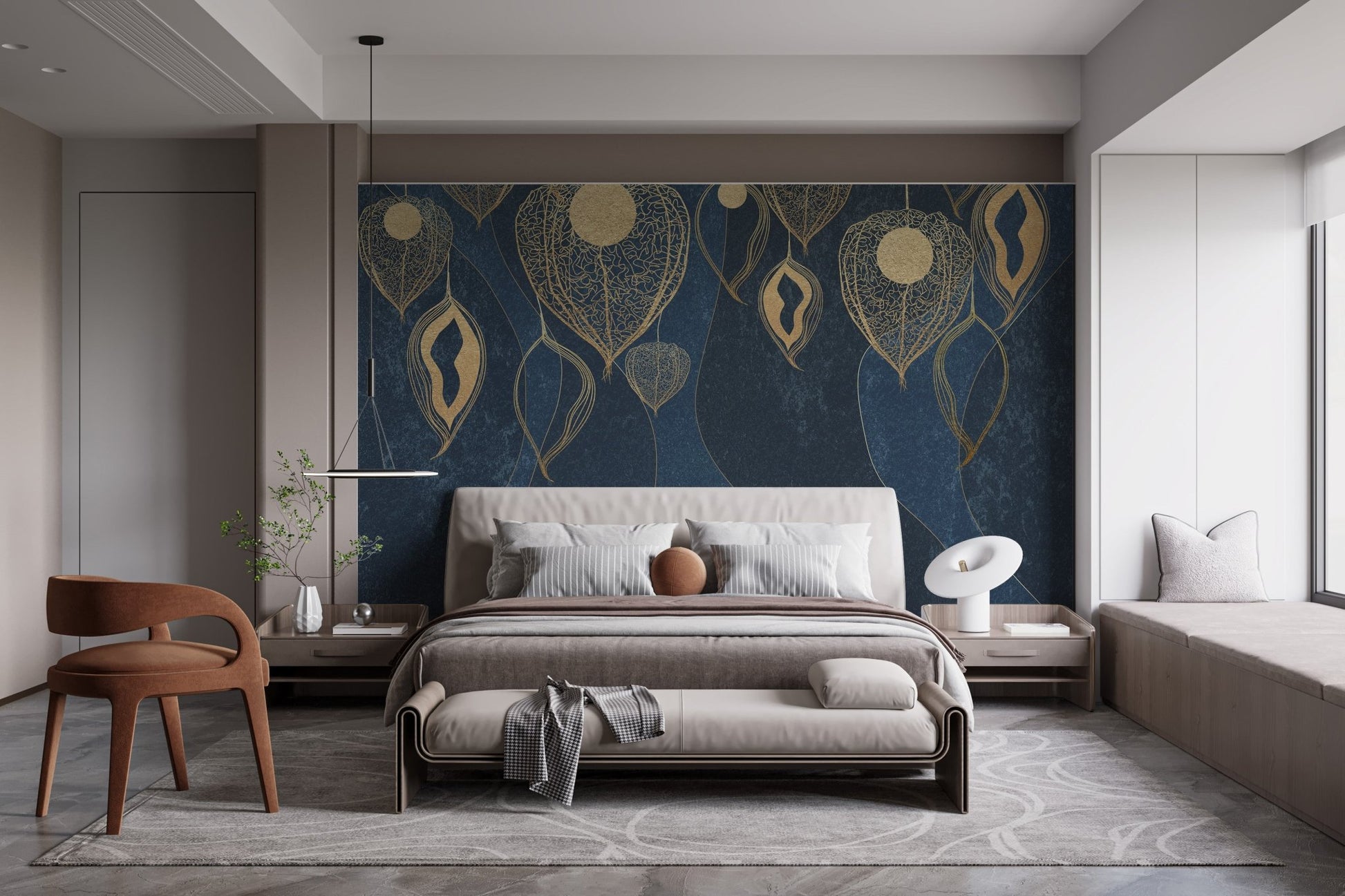 Modern bedroom featuring Elegant Golden Leaves Self Adhesive Murals on a feature wall.