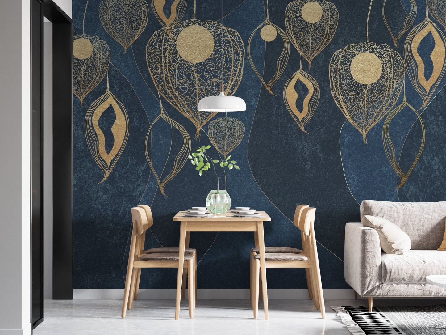 Navy blue wall mural with gold leaves patterns in a minimalist dining area.