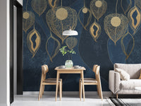 Navy blue wall mural with gold leaves patterns in a minimalist dining area.