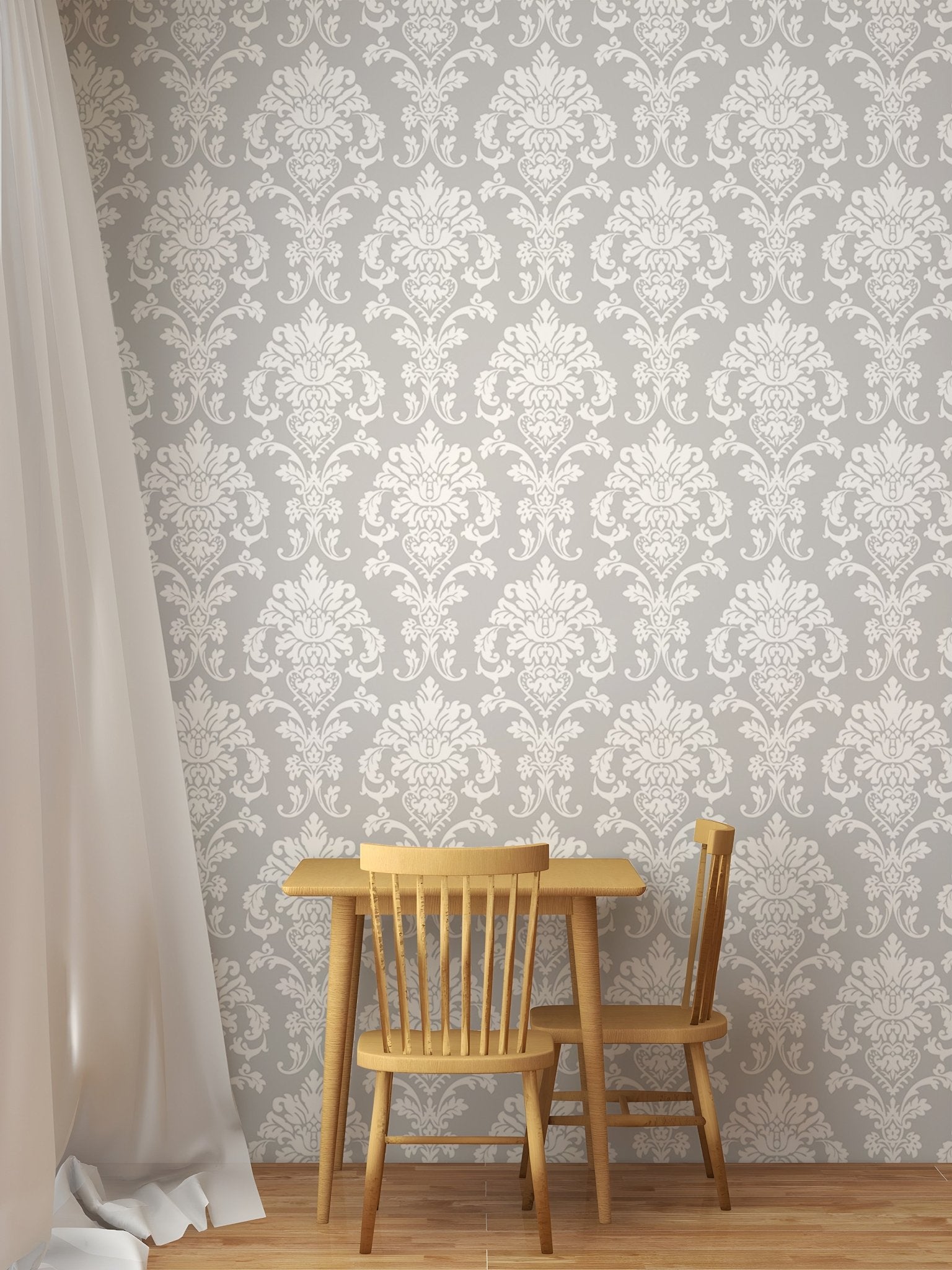 Elegant Gray Color Repeat Pattern Damask Wallpaper in a dining space with wooden chairs.